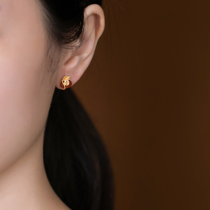 Red Agate Fortune Bag Earrings – 18K Gold-Plated Sterling Silver Studs