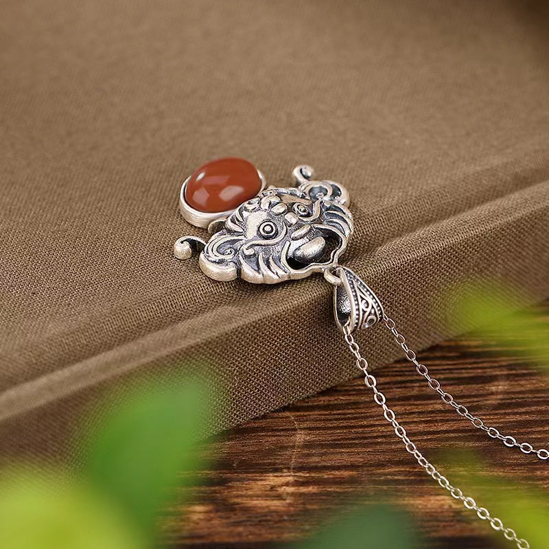 Zodiac Dragon Red Agate Silver Necklace-Luck Prosperity