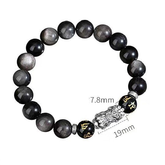 999 Silver Pixiu Black Obsidian Bracelet-Attract Luck