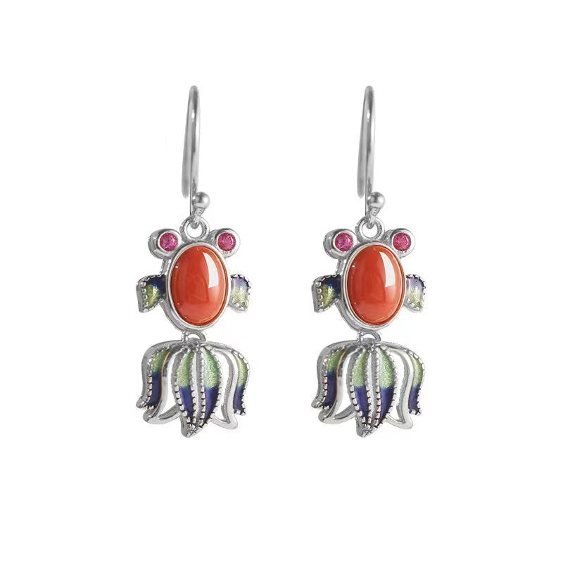 Goldfish Jade Silver Earrings-Prosperity Luck