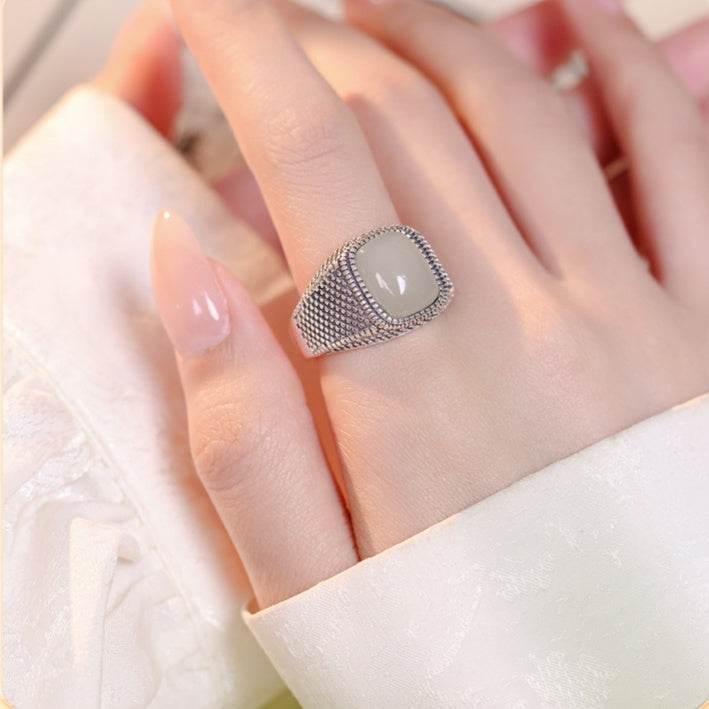 Cushion Nephrite Jade Textured S925 Silver Adjustable Ring-Quiet Composure