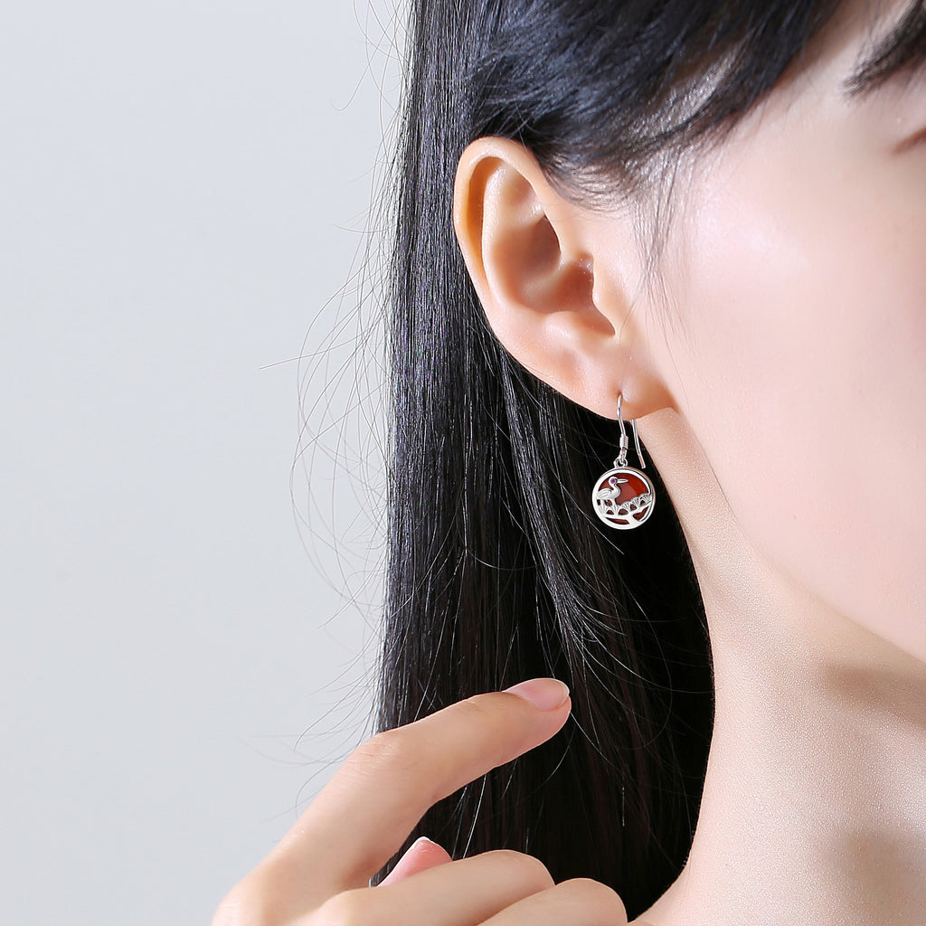 Crane Red Agate Sterling Silver Drop Earrings-A Wish for Long Life