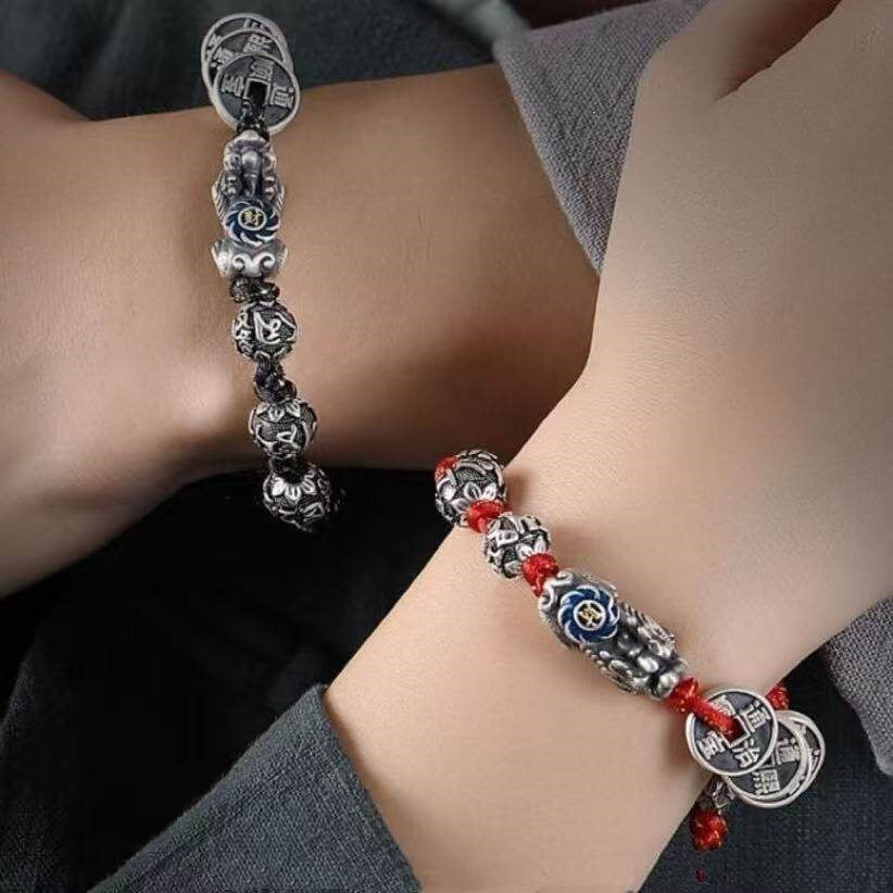 Five Emperor Coins & Pixiu Silver Cord Bracelet-Prosperity & Protection