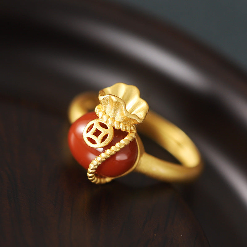 Lucky Pouch Red Agate Gold-Plated Ring-Steady Harmony