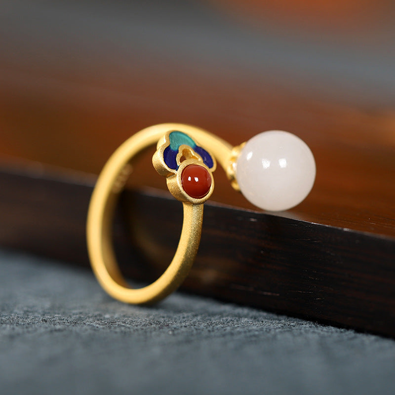 Enamel Nephrite Jade Red Agate Adjustable Ring-Color in Balance
