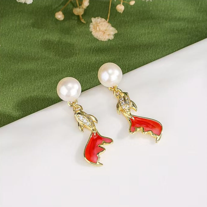 Pearl Koi Fish Drop Earrings – Elegant Gold-Plated Studs with Enamel & Crystals