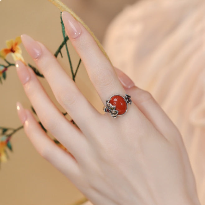 Crimson Bloom-Lotus Red Agate S925 Silver Ring