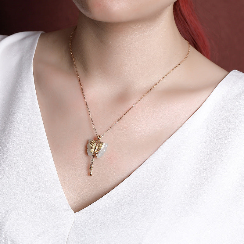 Nephrite Jade Butterfly Gold-Plated S925 Silver Necklace-Gentle Renewal
