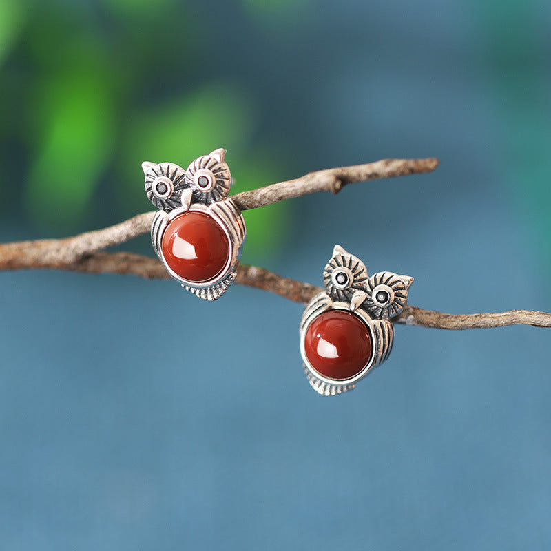 Quiet Wisdom-Owl Red Agate Sterling Silver Stud Earrings