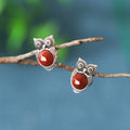 Quiet Wisdom-Owl Red Agate Sterling Silver Stud Earrings
