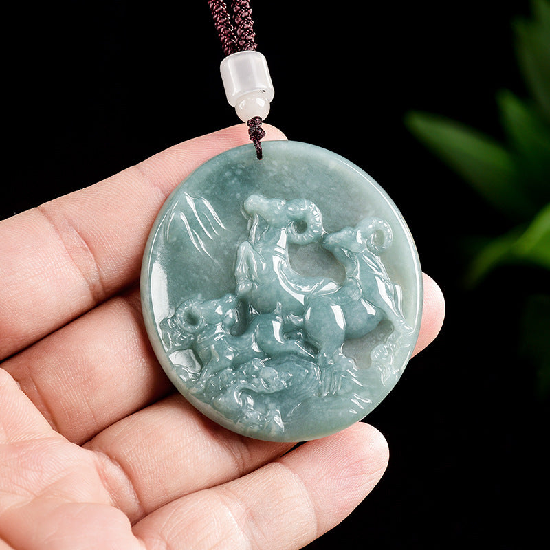 Grade A Blue Jadeite Goat Pendant – “Three Goats Bring Bliss” Carved Jade Amulet for Harmony & Prosperity