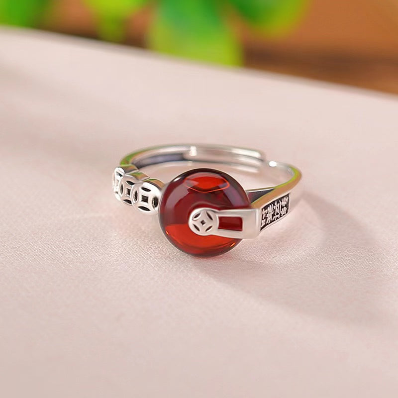 Red Amber Wealth Coin Silver Ring-Luck Prosperity