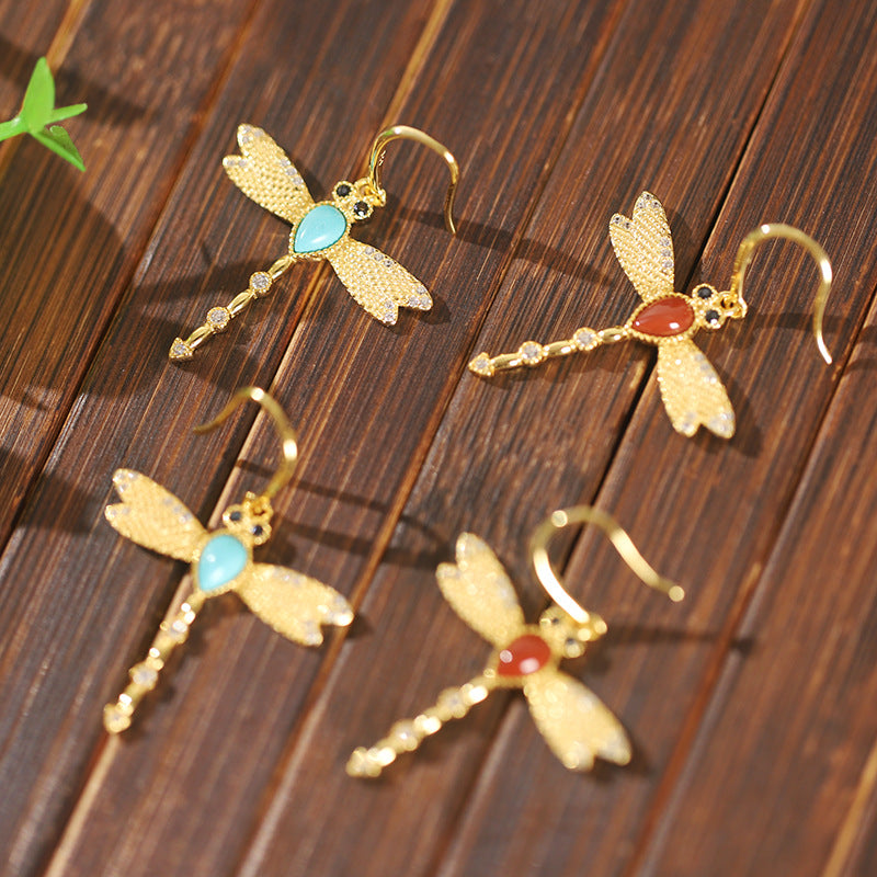 Dragonfly Turquoise & Red Agate Drop Earrings-Grace in Flight