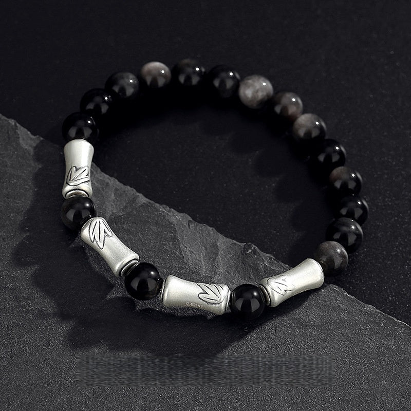 999 Sterling Silver Bamboo Bracelet – Black Obsidian Men’s Bracelet for Success & Steady Growth