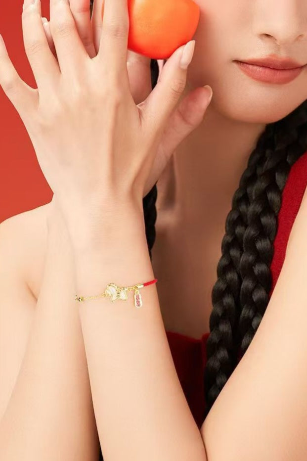 2026 Zodiac Horse Jade & Gold Bracelet –Wealth Comes Swiftly Red Cord Edition