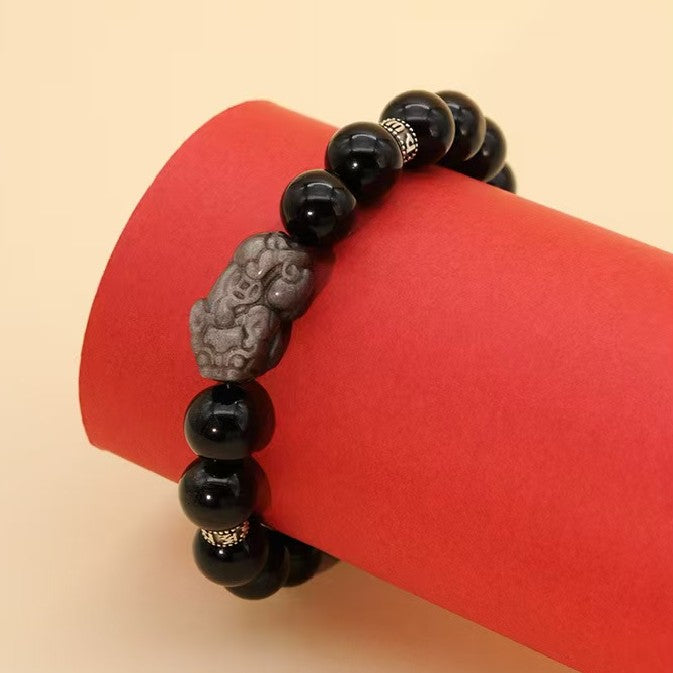 Silver Obisidian Pixiu Six True Words Bracelet-Attract Luck