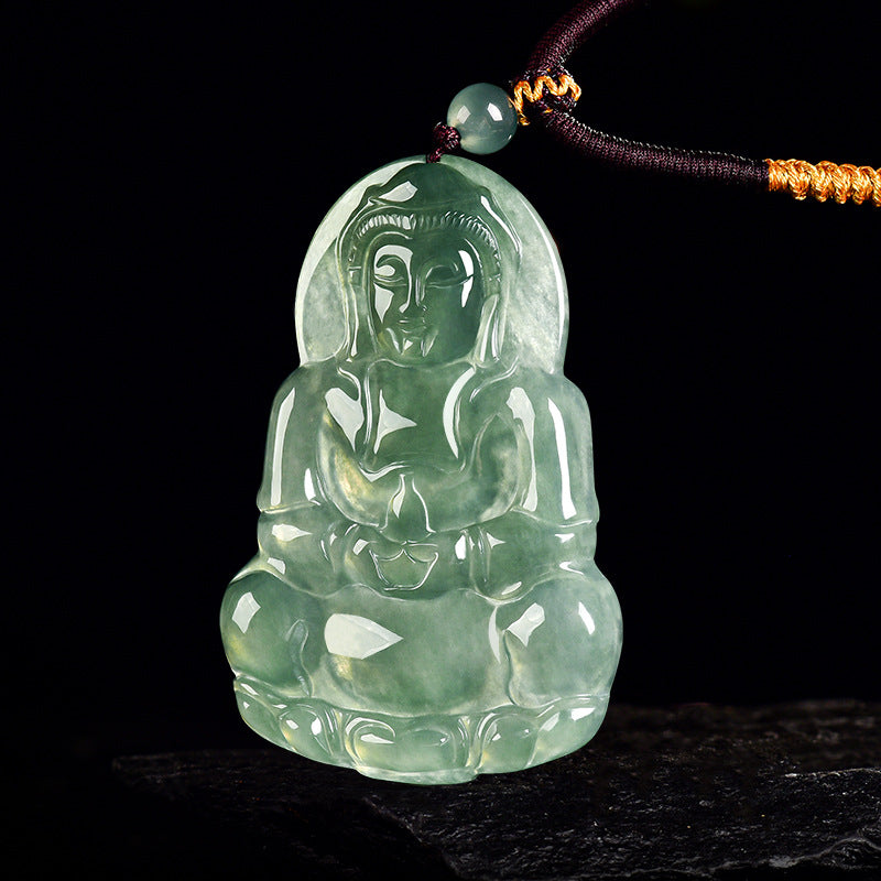 Natural Green Ice Jade Guan Yin Buddha Full Blessing Lucky Pendant