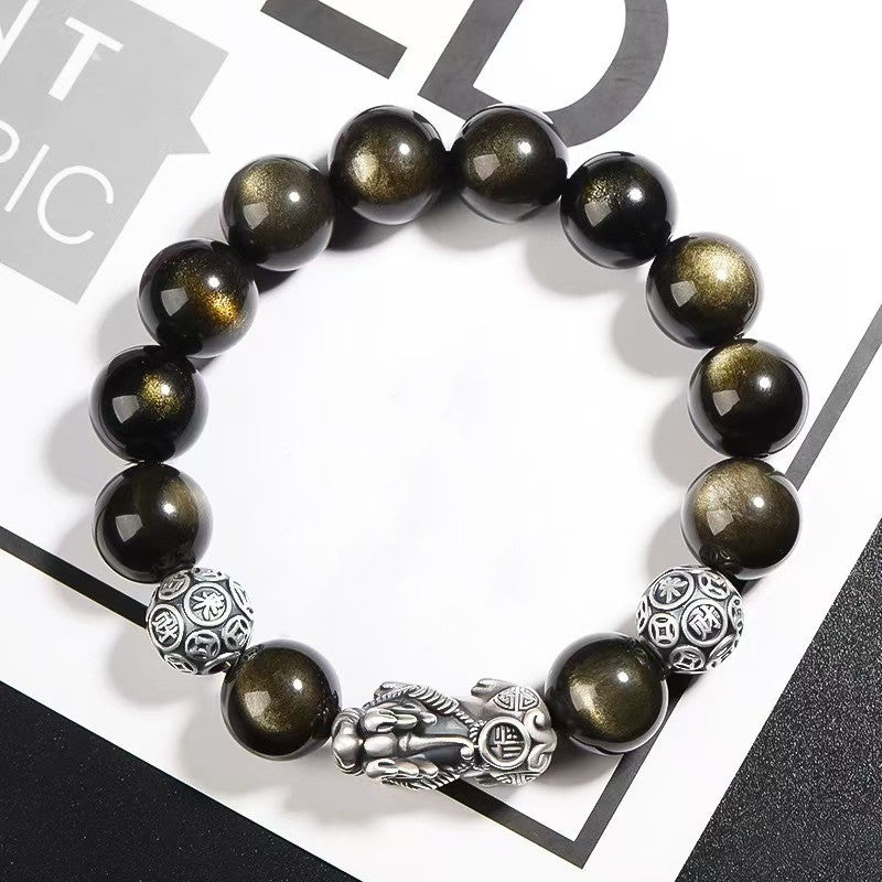 Silver Pixiu Gold Obsidian Bracelet -Attract Wealth