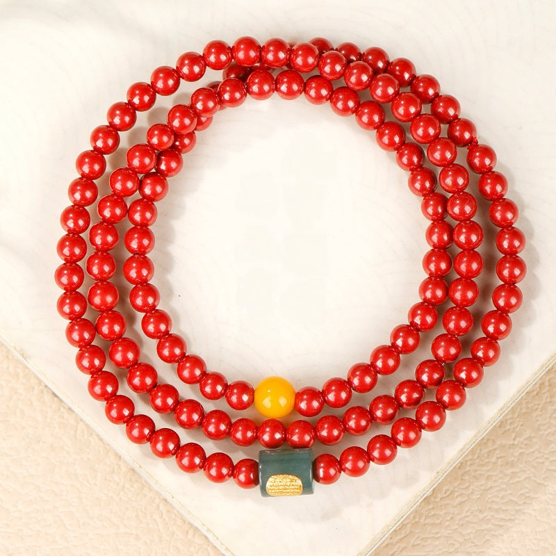 Steady Turns-Cinnabar Jadeite Triple-Wrap Bracelet