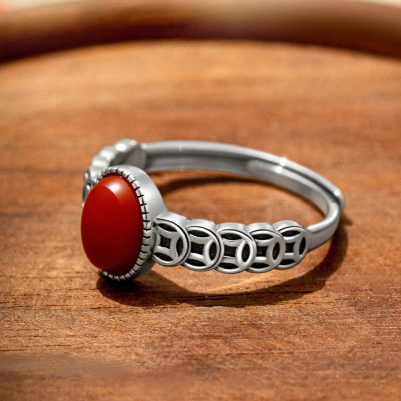 Ancient Coin Red Agate S925 Silver Adjustable Ring-Timeless Radiance