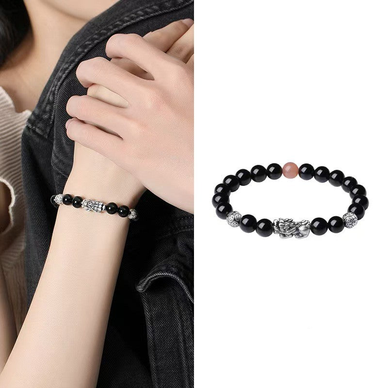 999 Silver Pixiu Black Obsidian Couple Bracelet-Protection and Wealth