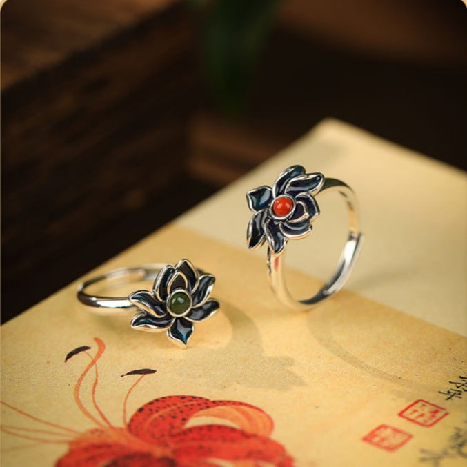 Graceful Harmony-Lotus S925 Silver Adjustable Ring