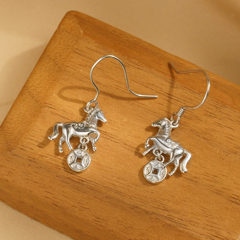 Horse & Coin Sterling Silver Drop Earrings-Onward with Spirit