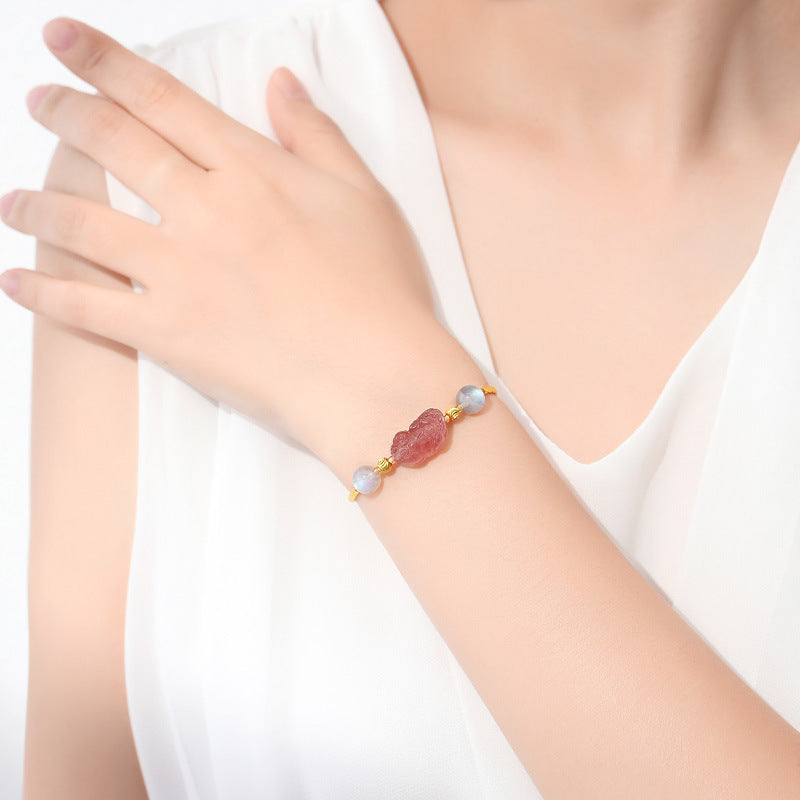 Strawberry Quartz Pixiu & Moonstone Bracelet–Fortune, Love & Emotional Harmony