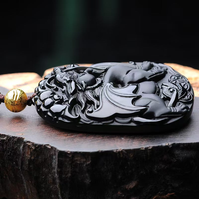 Black Obsidian “Flying Pixiu” Pendant – Hand-Carved Guardian of Wealth & Power