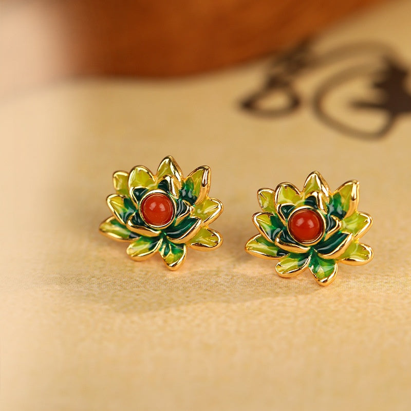 Lotus Red Agate Stud Earrings-A Quiet Unfolding