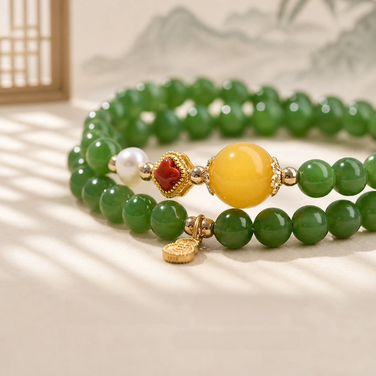 Nephrite Green Jade Double-Wrap Bracelet-Steady Continuity