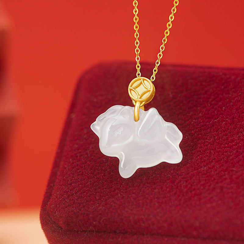 Horse & Coin White Agate Necklace-Prosperity on the Way
