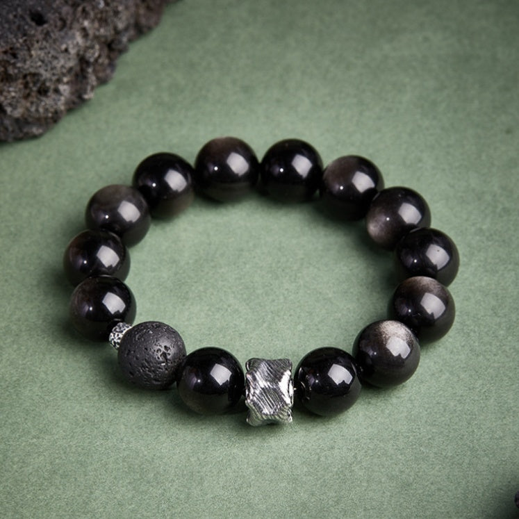 Resilient Core-Silver Obsidian & Lava Stone Beaded Bracelet