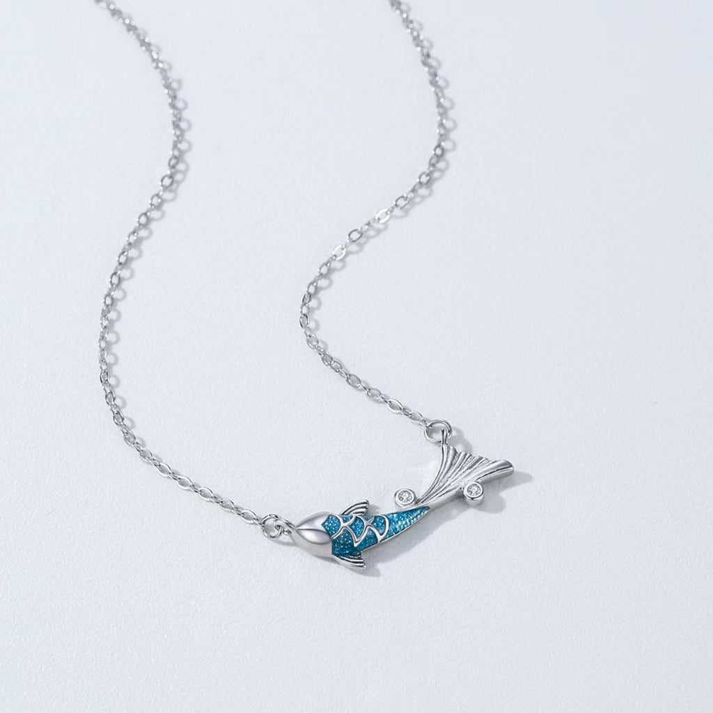 Vintage Blue Koi Fish Silver Necklace-Good Fortune and Prosperity