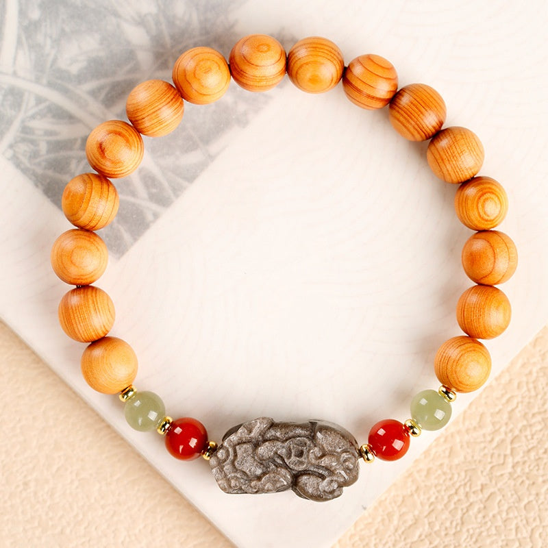 Thujawood Bracelet with Silver Obsidian PiXiu-Calm Strength & Wealth Protection