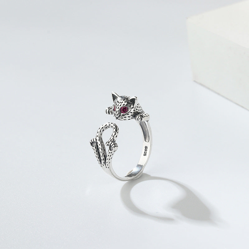 Feng Shui Wealth Cat Silver Ring