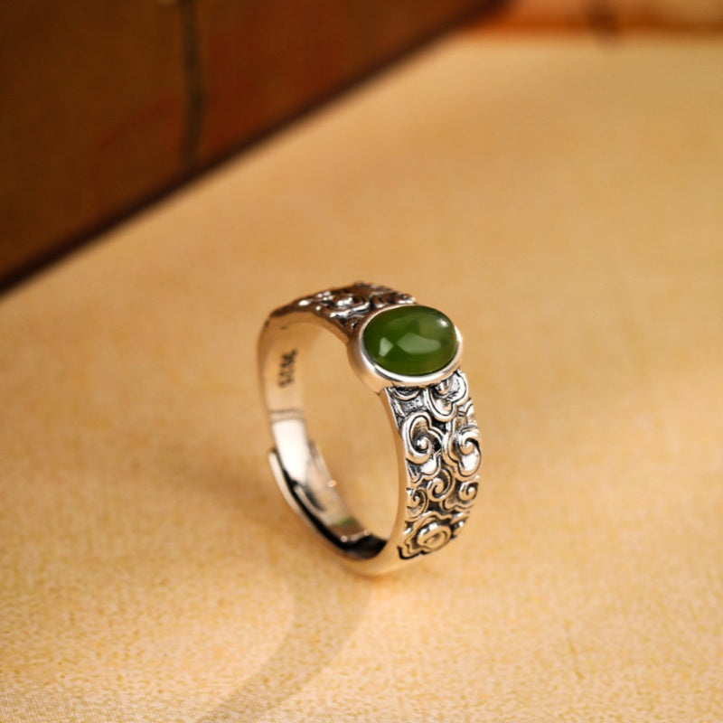 Auspicious Cloud Nephrite Jade 925 Sterling Silver Ring-Gentle Grace