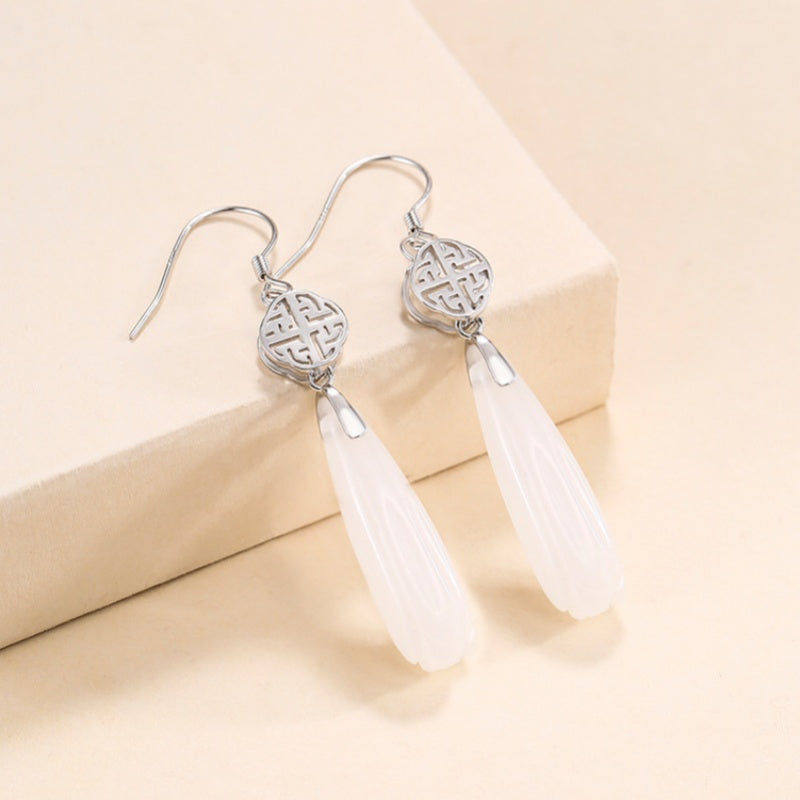 White Jade Magnolia Flower Silver Earrings
