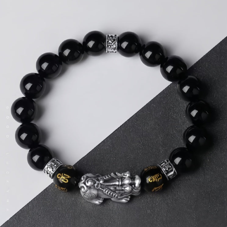 Mystic Guardian Pixiu Obsidian Bracelet in 999 Fine Silver