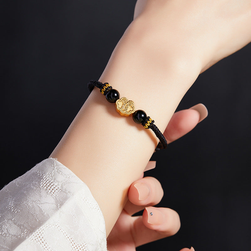 999 Sterling Silver & Obsidian Fortune Bracelet – Handmade Lucky Ruyi Knot Design