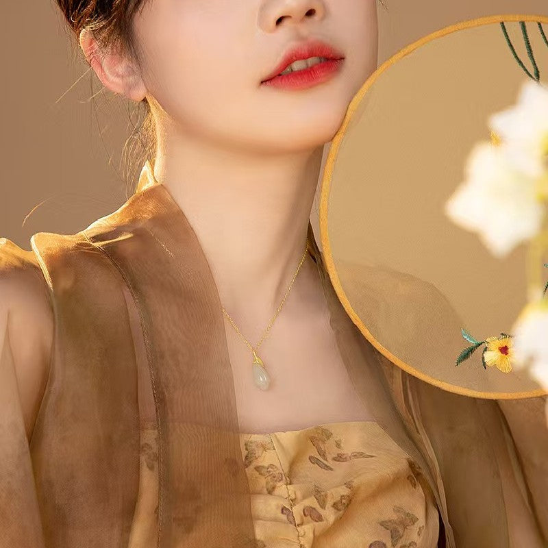 Gold Branch Jade Magnolia Pendant Necklace- wealth and prosperity