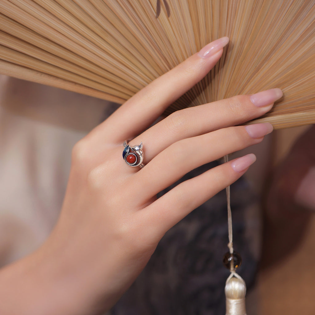 Playful Spirit-Fox Blue Enamel & Nanhong Agate Silver Ring