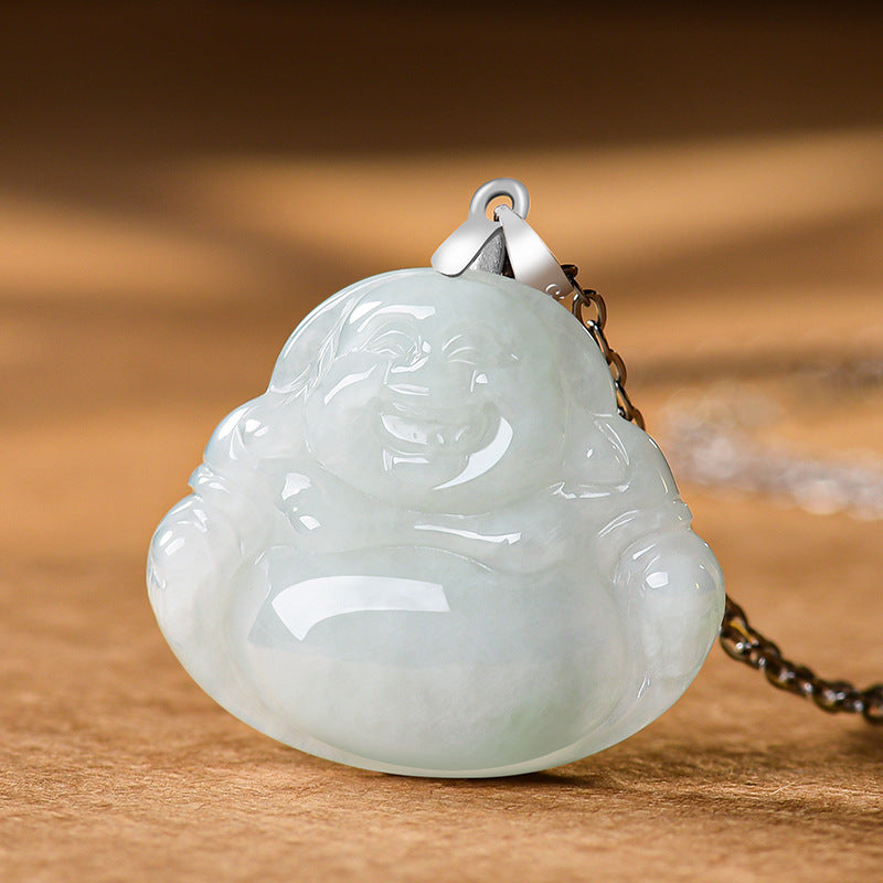 Joyful Serenity White Jade Laughing Buddha Pendant