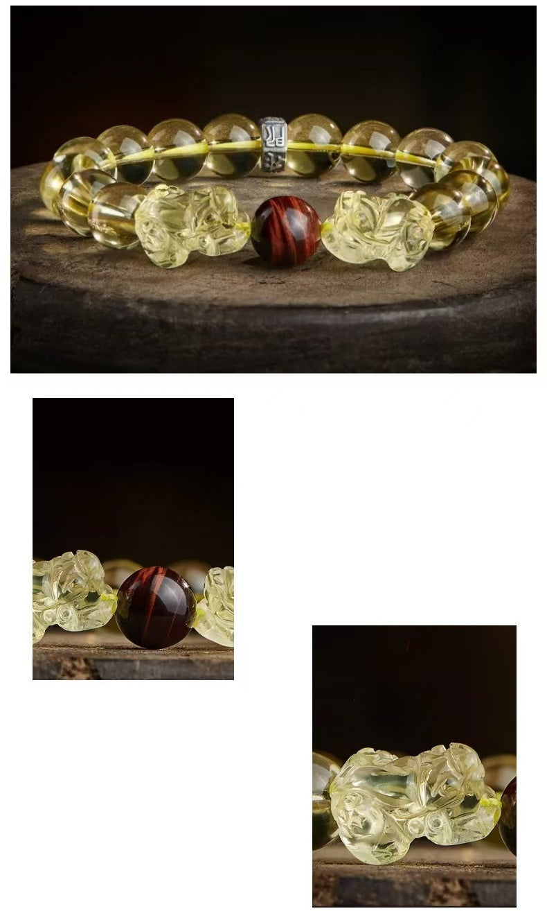 Natural Citrine Double Pixiu Tiger`s Eye Wealth Bracelet