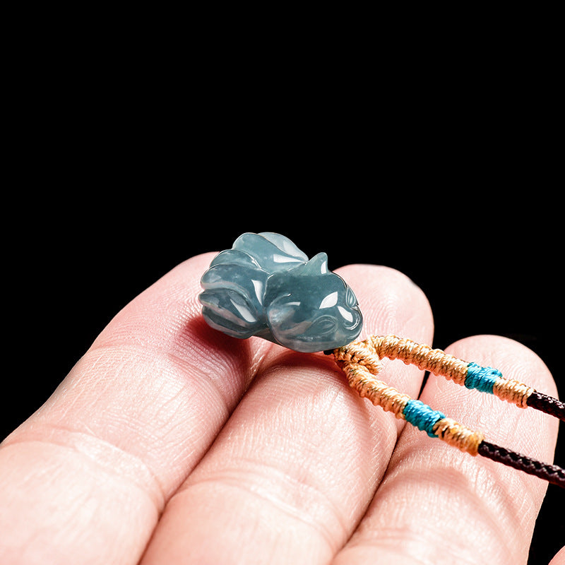 Natural Blue Jadeite Nine-Tailed Fox Pendant – A Jade Ice Variety Carving