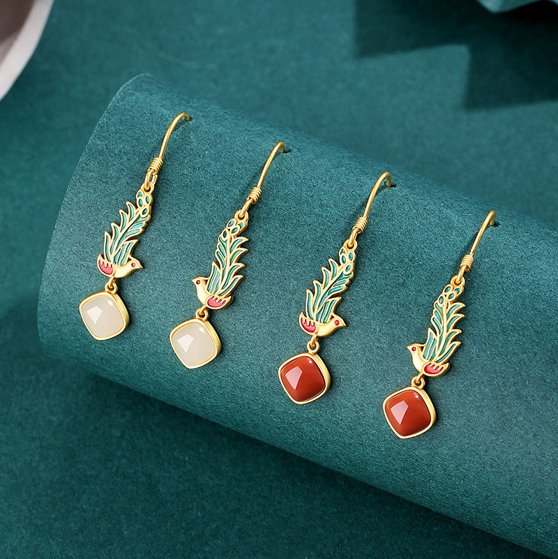 Peacock Nephrite Jade & Red Agate Drop Earrings-A Bright Future
