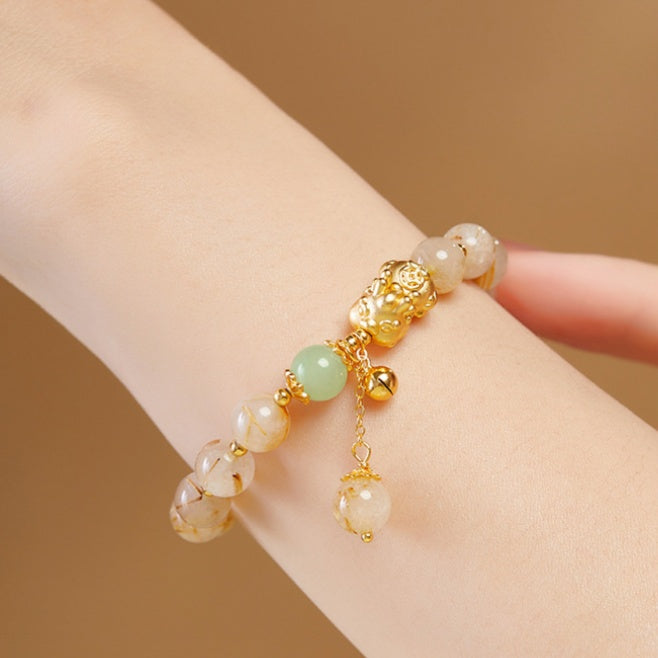 Welcoming Prosperity-Pixiu Gold Rutilated Quartz and Nephrite Jade Beaded Bracelet