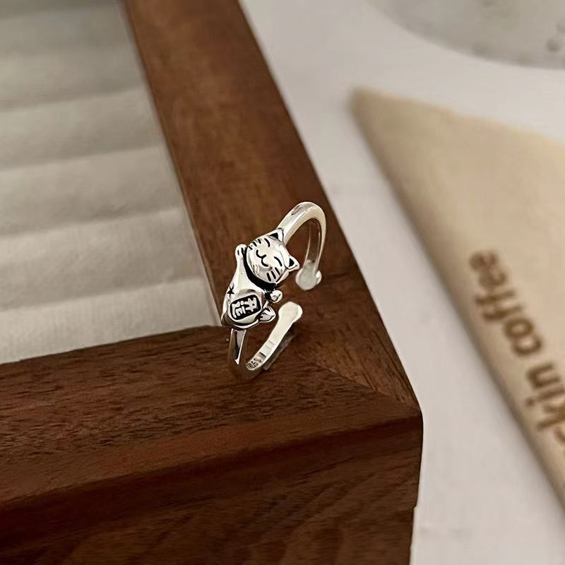 Maneki Neko Cat Silver Ring-Good Fortune and Luck