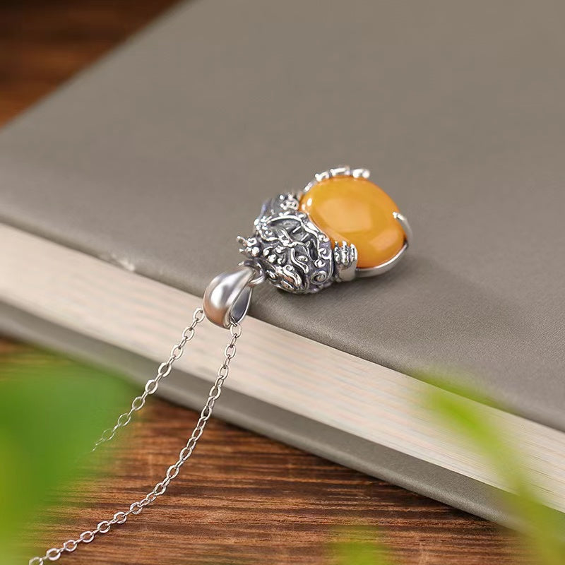 Pixiu Yellow Agate Silver Necklace -Balance and Prosperity