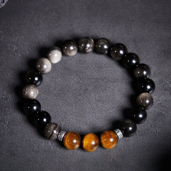 Silver Tiger Luster-Silver Obsidian & Tiger's Eye Beaded Bracelet